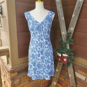 Ann Taylor Loft Women's Blue Floral Sleeveless V-Neck Dress Size 4